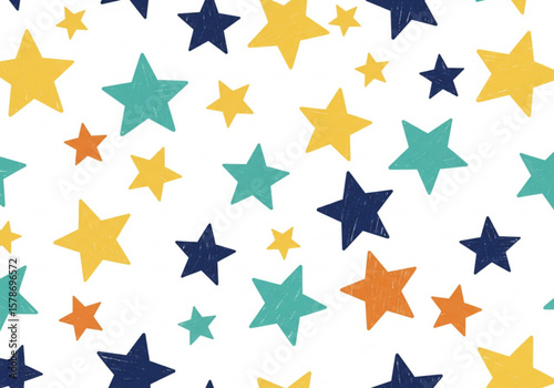 Whimsical hand drawn star pattern in yellow teal navy and orange on white