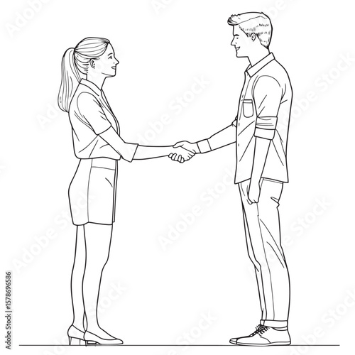 Continuous line drawing of young manager handshake his female worker to congratulate her dealing a project