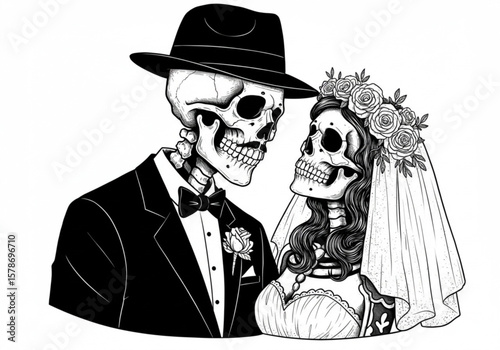 Gothic bride and groom skeletons in formal wedding attire