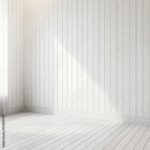 A bright and clean white room with wooden walls and floor, showcasing modern interior design