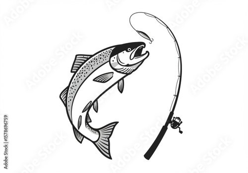 Dynamic illustration of a salmon leaping towards a fishing lure on a rod
