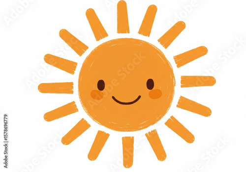Cute cartoon sun with a happy face and rosy cheeks on a white background