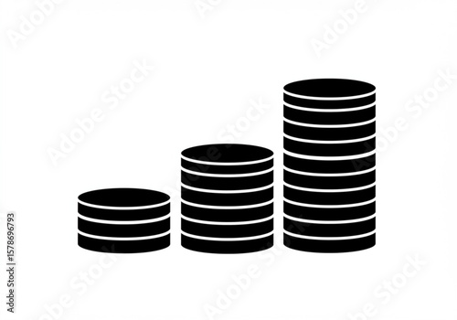Three stacks of black coins increasing in height on a white background