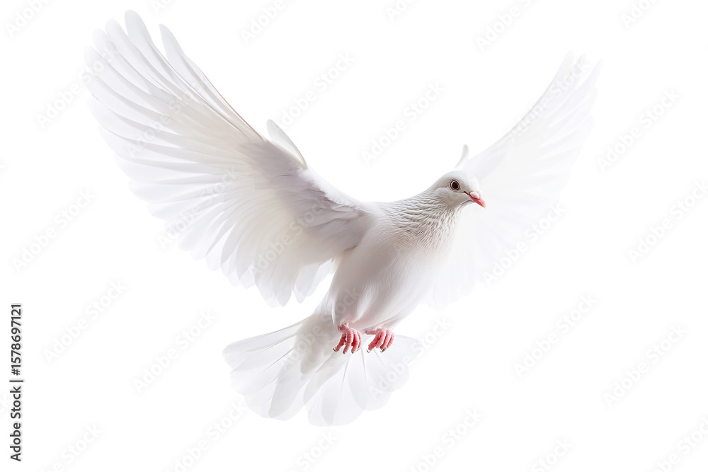 Obraz premium A white dove flies with wings spread wide isolated on transparent background