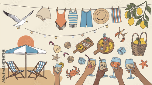 Beach vacation scene depicts sunny relaxation with sea, drinks, fruits and accessories in a cartoon illustration style.