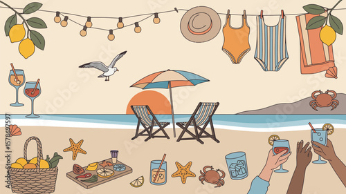 Idyllic beach picnic scene evokes summer vibes with drinks, seafood, and sun-soaked leisure offering a cheerful coastal escape.