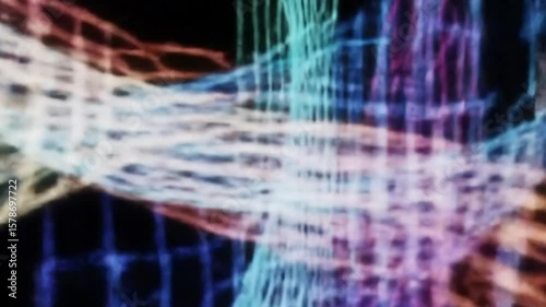 Colorful abstract lines and grids moving and rotating on a black background