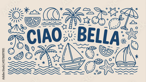 Charming Ciao Bella doodle showcasing summer vibes with boats, citrus, and palm trees in an attractive artistic style.