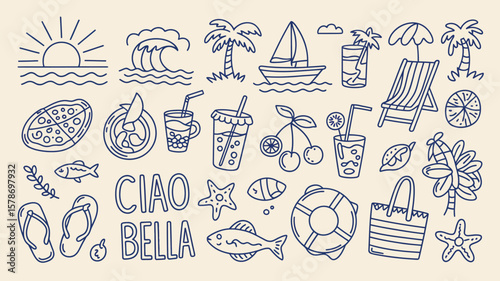 Charming beach vacation doodles evoke memories of summer holidays and delightful seaside adventures with a fun, hand-drawn style.