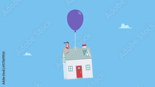 Home owner with telescope on flying house with balloon. Symbolizes house mortgage interest rate rising up, home loan impact from inflation, real estate price bubble or housing investment opportunity.