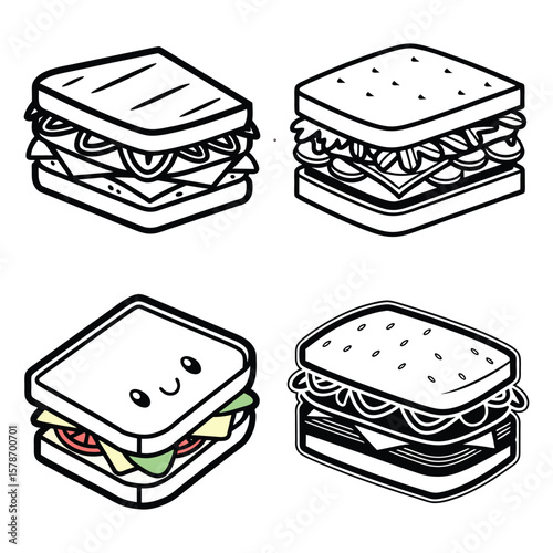 Delicious cartoon fast food and deli sandwich icons a vector illustration set featuring a tasty sandwich, hamburger, and pizza for lunch or snack