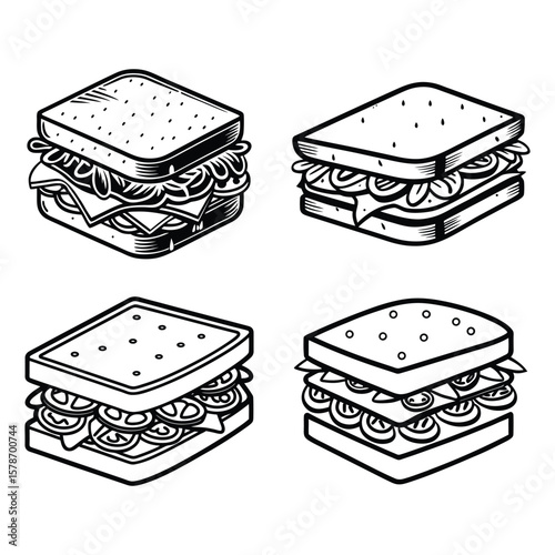 Fast food collection with cartoon illustrations of  deli sandwiches icon, hamburgers, pizza, sandwiches, and sweet desserts like cake and chocolate