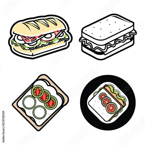 A vibrant vector illustration set of diverse fast food, deli sandwich icons featuring classic burgers, pizzas, and sandwiches perfect for any meal menu
