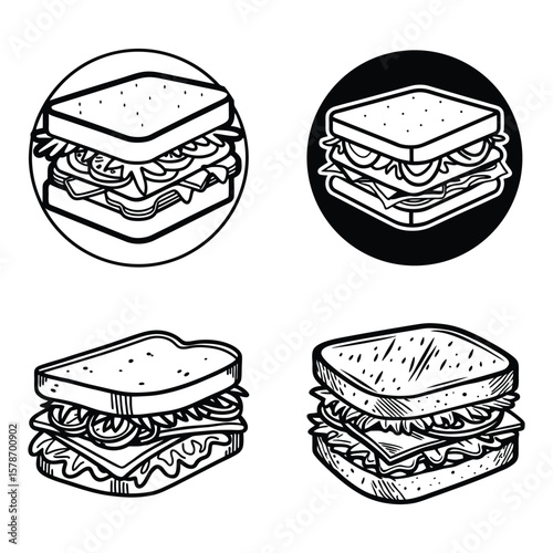 A vibrant vector illustration set of deli sandwich fast food icons features a delicious hamburger, cheeseburger, and sandwich meal for a restaurant menu design