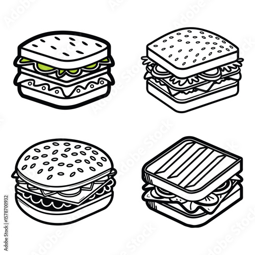 A vibrant vector illustration of deli sandwich icon set collection, featuring popular icons like hamburgers, pizza, and cheeseburgers, perfect for menus or snack illustrations