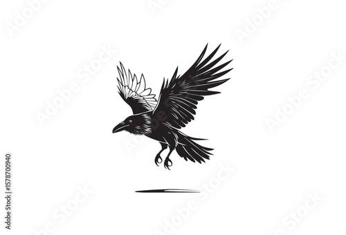 Black silhouette of a raven in flight with wings spread wide