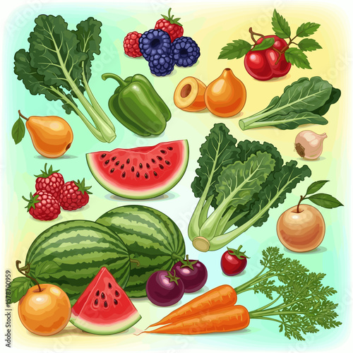 Fresh produce featuring vibrant fruits and vegetables like watermelon, carrots, plums, and leafy greens ideal for healthy eating promotion