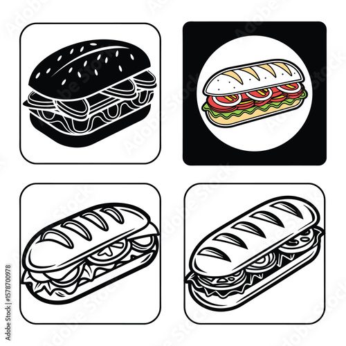 Delicious vector set of deli sandwich icons including hot dogs, burgers, sandwiches, and pizza illustrations perfect for any meal