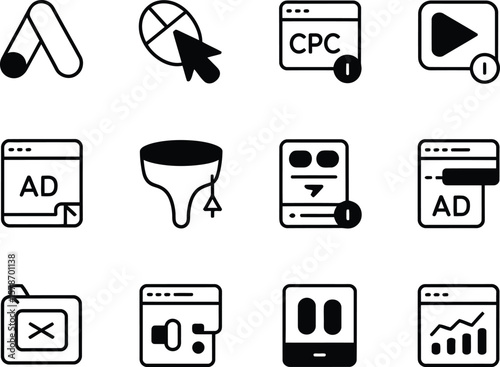 Digital marketing icons representing advertising analytics and performance metrics