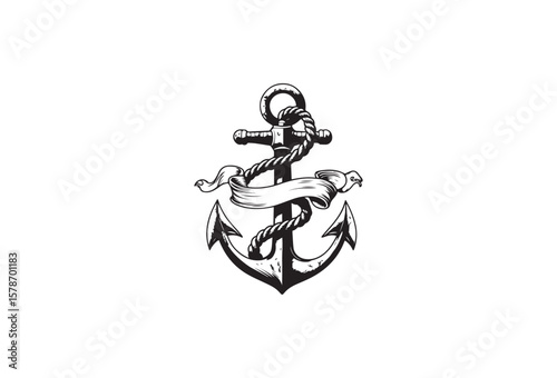 Classic nautical anchor with rope and banner emblem