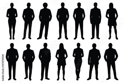 Black silhouettes of men and women people standing