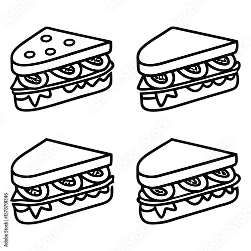A vibrant vector cartoon collection of deli sandwich icons, featuring delicious illustrations of burgers, pizza, hot dogs, and snacks for menu designs