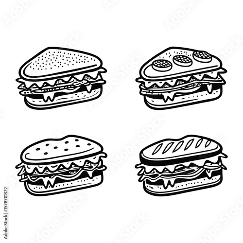 A vibrant vector illustration set of fast food and deli sandwich icons, featuring a classic hamburger with cheese, lettuce, and tomato, perfect for menus and lunch promotions