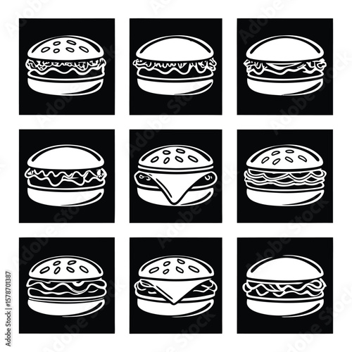 A vector icon set illustrating various fast food items like hamburgers, pizza, dessert  and deli sandwich icon for menus