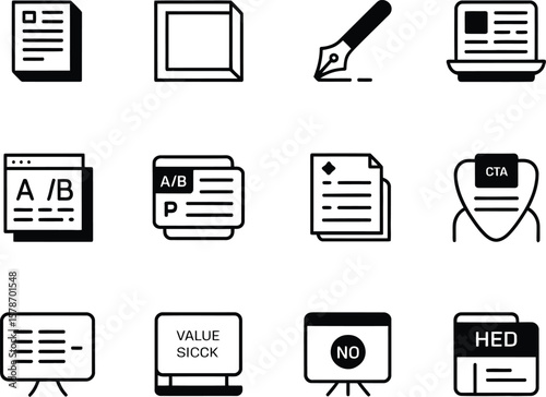 Collection of business and marketing icons representing documents and data analysis