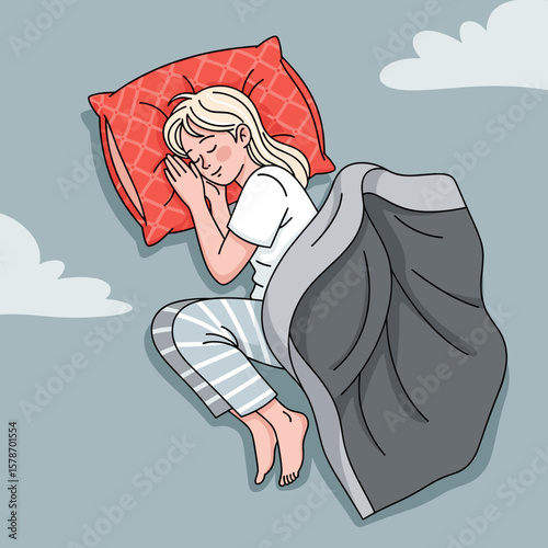 Peaceful slumber portrays a woman sleeping soundly with a comfy blanket, perfect for dreamy bedtime stories or relaxation themed designs.