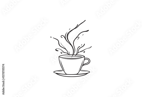Stylized black and white line art of a steaming coffee cup