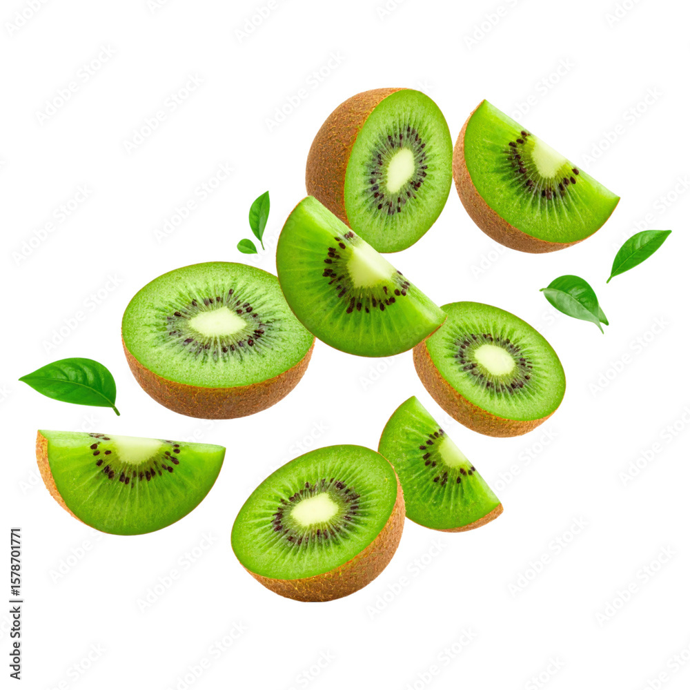 Fototapeta premium Fresh Kiwi Slices Isolated on Transparent Background with Green Leaves and Vibrant Colorful Detail