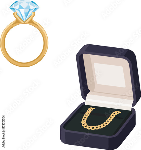 A diamond ring and a gold necklace presented in a jewelry box.