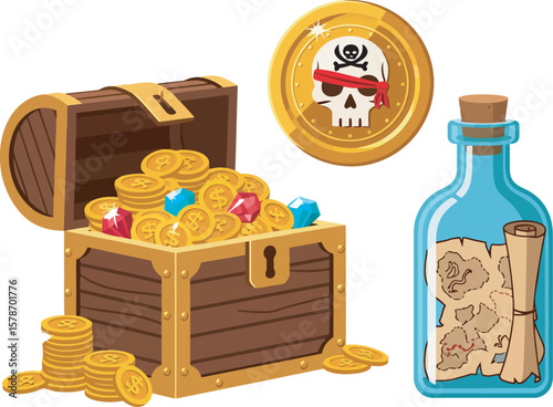 Cartoon illustration of an open treasure chest overflowing with gold coins and jewels, a pirate coin, and a message in a bottle.
