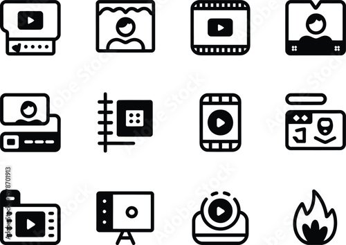 Collection of modern black and white video and media icons on white background
