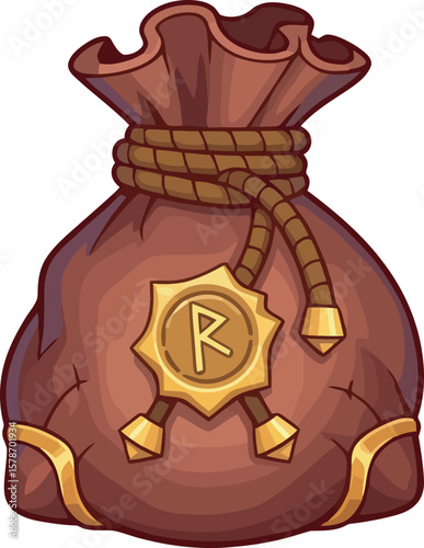 Cartoon illustration of a brown drawstring bag with a gold rune emblem attached.