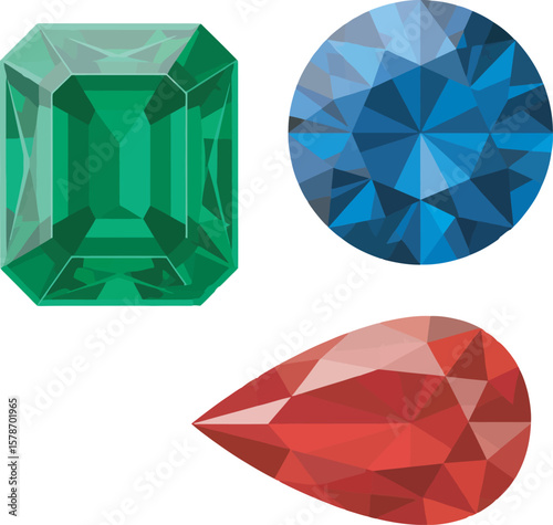 Three colorful gemstones, emerald, sapphire, and ruby, displayed against a white background.