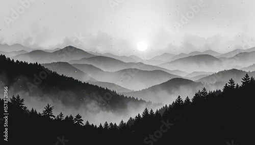  Smoky Mountain Ink Monochrome Sunrise over Foggy Appalachian Peaks