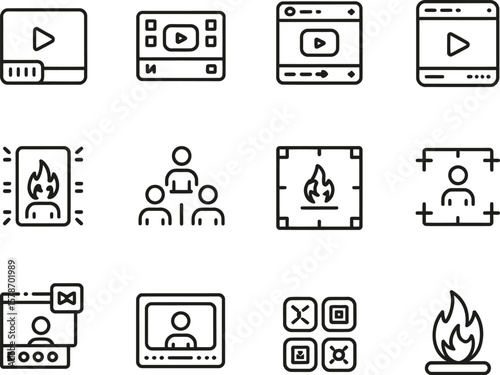 Collection of modern line art icons representing video playback and online communication