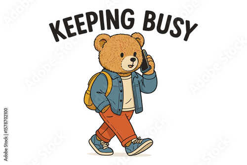 Cute cartoon bear walking with a phone in a casual outfit and backpack during a sunny day in a vibrant urban setting
