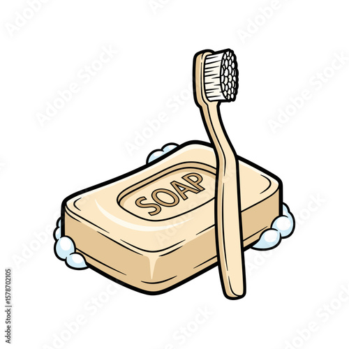 A clean design featuring a bar of soap and a toothbrush, excellent for hygiene-related graphics or promoting dental care products for healthy living.