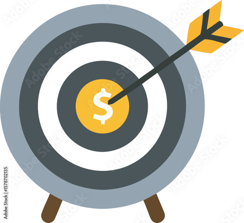 Arrow hitting bullseye on target with dollar coin at center; financial success, achievement, goal.