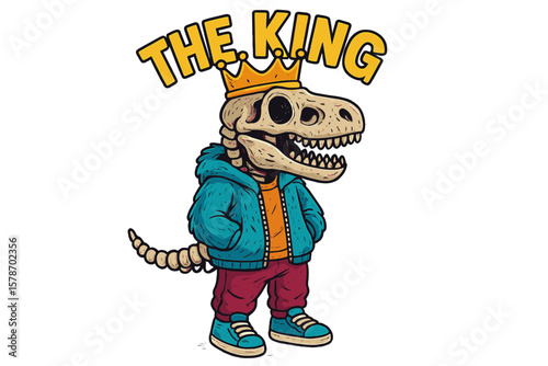Colorful dinosaur character wearing a crown and hoodie, standing confidently in a playful urban setting