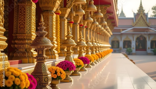 Mango yellow and vermilion themed stage with temple lamp rows and flower-clad frames