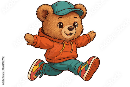 Cute bear cub in a colorful outfit joyfully running outdoors during a sunny day full of fun and energy