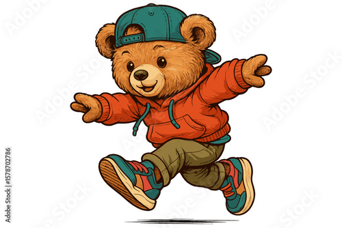 Adorable cartoon bear wearing cap and hoodie happily running outdoors