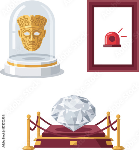 Displayed artifacts: a golden mask under glass, a diamond, and a framed alarm.