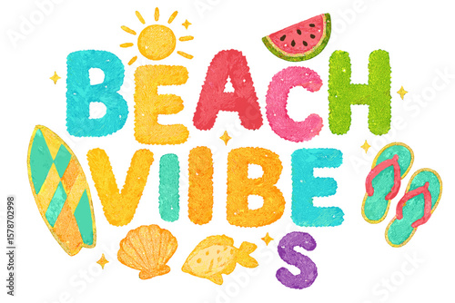 Colorful beach vibes illustration featuring surfboards, flip-flops, and summer icons for a cheerful atmosphere