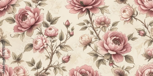 Wallpaper Mural  Hand Drawn Floral Wallpaper Roses Peonies, Seamless Pattern, Sketchbook Style, Vintage, Botanical Illustration, Delicate Torontodigital.ca