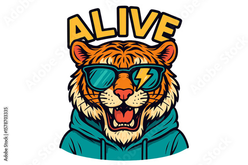 Cool tiger wearing sunglasses showcases lively expression in vibrant artwork with a stylish flair